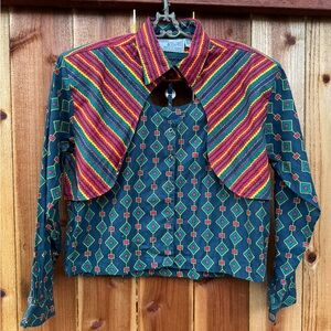 Mine & Bill’s Outfitters western rodeo, equestrian shirt, geometric Sz L *601